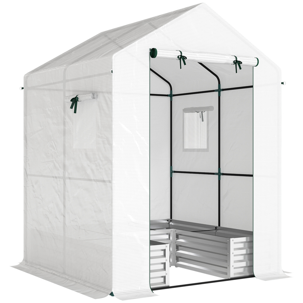 Outsunny Small Greenhouse with Raised Garden Bed, Galvanised Walk-in Greenhouse with Roll Up Windows, 141 x 141 x 190 cm, White