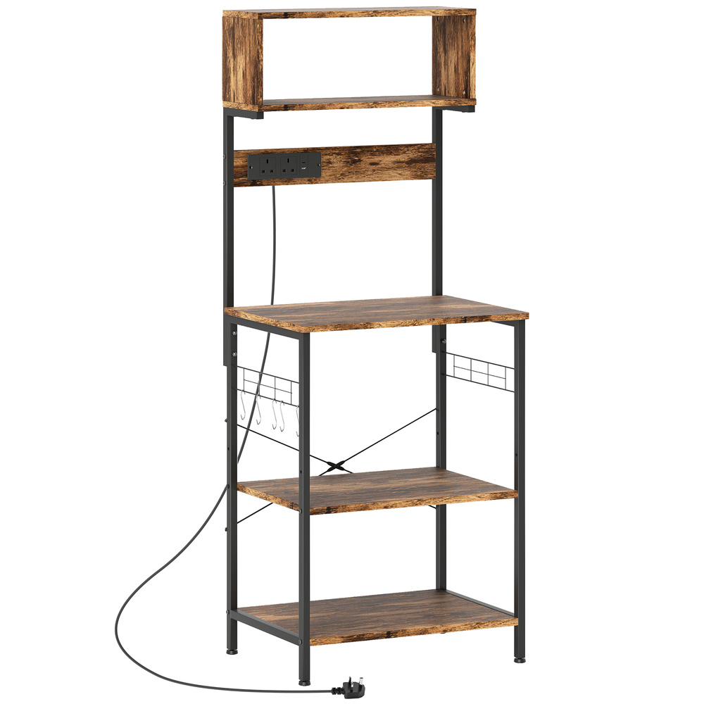 HOMCOM Kitchen Storage Rack, Bakers Rack with Power Outlet, USB Charger, Rustic Brown