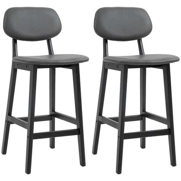 HOMCOM Bar Stools Set of 2, Breakfast Bar Chairs, PU Leather Upholstered Kitchen Stools with Backs, Footrests and Solid Wood Legs, Dark Grey