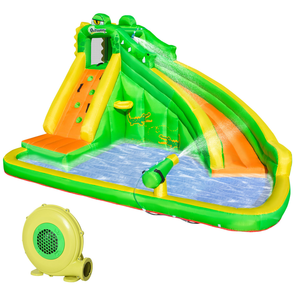 Outsunny 5 in 1 Kids Bouncy Castle Large Crocodile Style Inflatable House Slide Basket Water Pool Gun Climbing Wall with Blower Carrybag for Kids Age 3-8, 3.85 x 2.85 x 2.25m