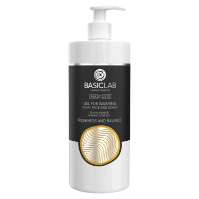 BasicLab Masculis Gel for Washing Body, Face and Scalp 2% Niacinamide Mineral Complex Freshness and Shine for Men 500ml
