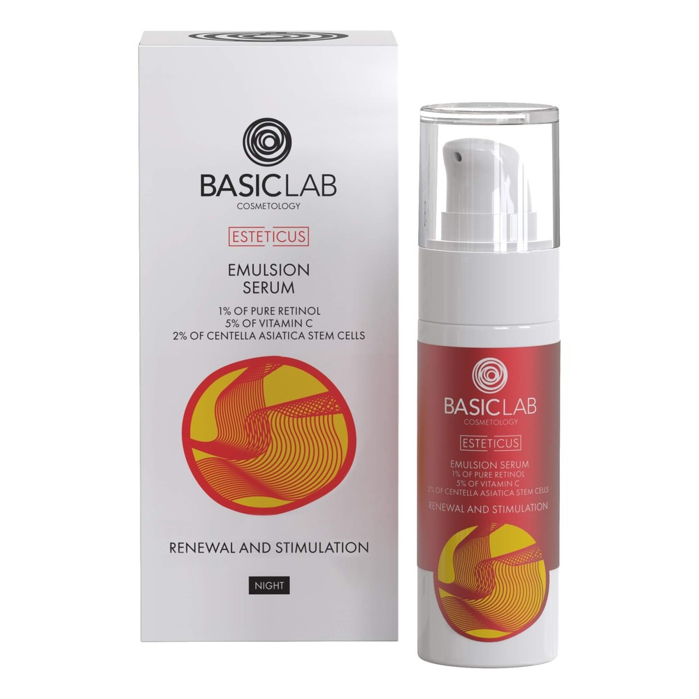 BasicLab Emulsion Serum with 1% Pure Retinol 5% Vitamin C Coenzyme Q10 and 2% Centella Asiatica Stem Cells Renewal and Stimulation for Night 30ml