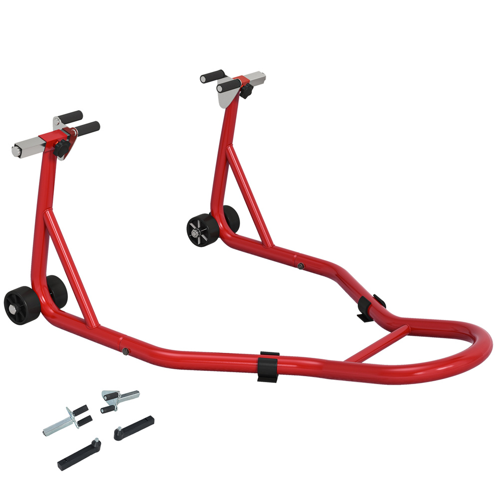 HOMCOM Front Motorcycle Paddock Stand Motorbike Stand with Anti-Slip Mat, Adjustable Pin and Swingarm Spool Adaptors, 200 kg Capacity, for 18", 17" and 10" Tyre, Red
