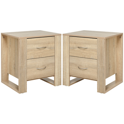 HOMCOM Bedside Table with 2 Drawers, Nightstand with Handles and Elevated Base, Side Table for Bedroom, Living Room, Set of 2, Brown