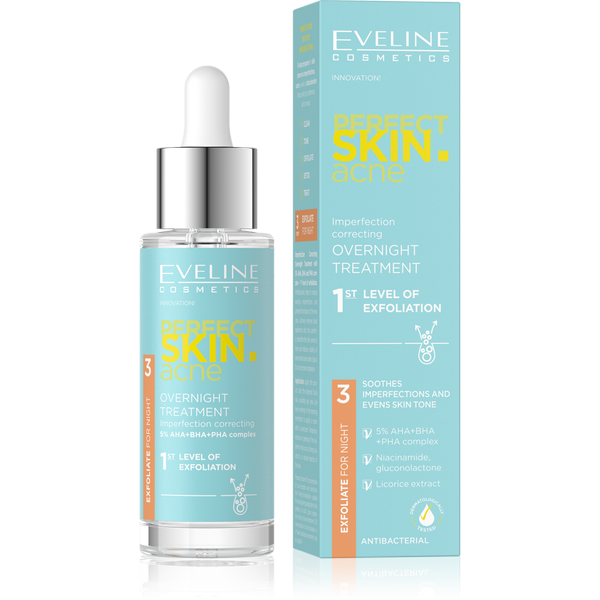 Eveline Perfect Skin Acne Night Treatment Anti Imperfections 1 Level Exfoliation 5% Acid Complex 30ml Best Before 07.09.26
