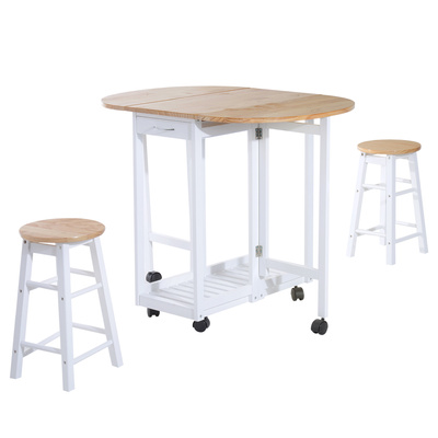 HOMCOM 3 Pieces Dining Room Set, Mobile Foldable Dining Table and 2 Stools with Storage Shelf, 2 Drawers and 6 Wheels, Drop Leaf Bar Table and Stools for Home Kitchen Pub, White