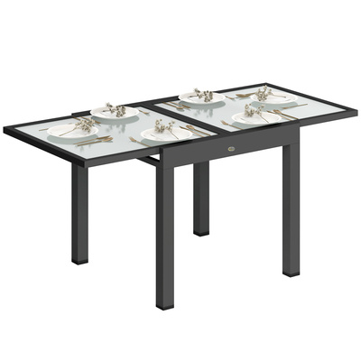 Outsunny Extending Garden Table, Outdoor Dining Table with Aluminium Frame and Tempered Glass Tabletop, 80/160 x 80 x 75 cm, Black and Clear