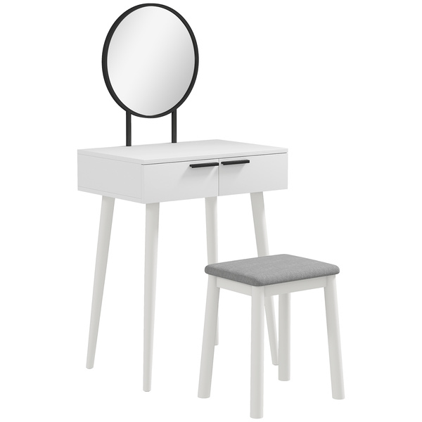 HOMCOM Modern Dressing Table with Round Mirror and Stool, Makeup Vanity Table with 2 Drawers for Bedroom, Living Room, 60 x 40 x 123 cm, White