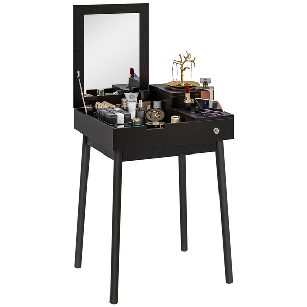 HOMCOM Dressing Table with Flip-up Mirror, Makeup Desk with 2 Drawers and Pine Wood Legs, Vanity Table Writing Desk for Bedroom Living Room, Black