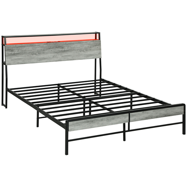 HOMCOM Double Steel Bed Frame, with LED Lights and Shelf - Grey