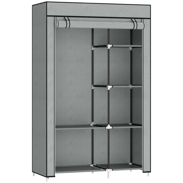HOMCOM Fabric Wardrobe, Portable Wardrobe with 6 Shelves, 1 Hanging Rail, Foldable Closets, 103 x 43 x 162.5 cm, Light Grey