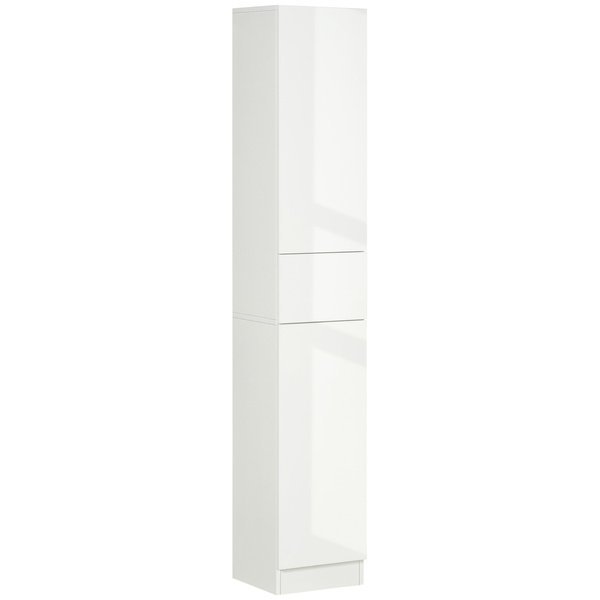 kleankin Luxury Tall Bathroom Cabinet with High Gloss Panel, Sleek White Bathroom Cabinet with Push-to-Open Door, White