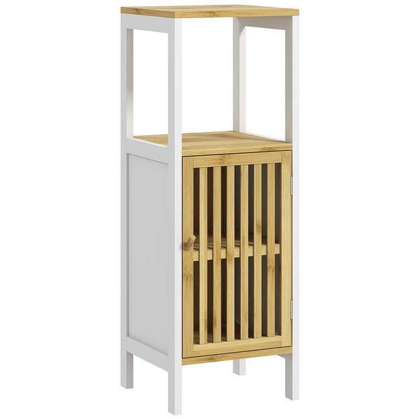 HOMCOM Bamboo-Blend Retro Cut-Out Bathroom Storage Unit, with Cupboard