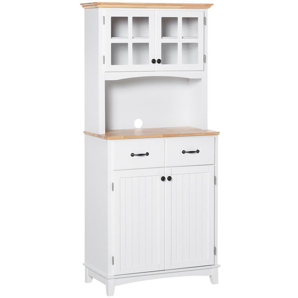 HOMCOM Freestanding Kitchen Cupboard, Kitchen Storage Cabinet with Framed Glass Doors, 2 Drawers, Microwave Counter, 172cm, White