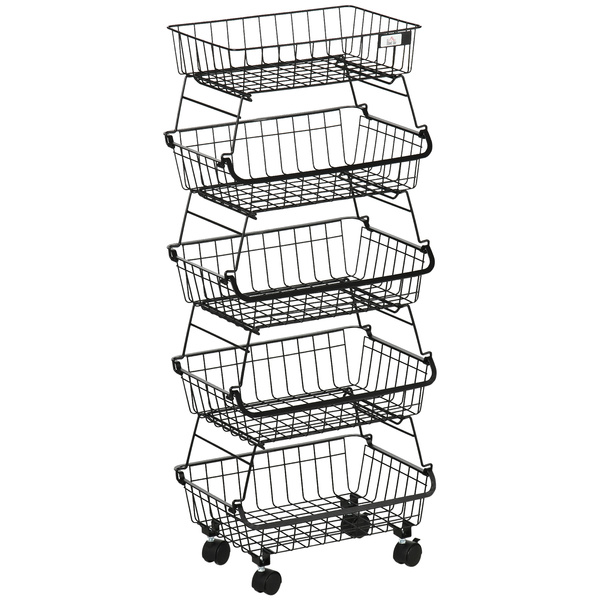 HOMCOM 5 Tier Storage Trolley, Stackable Fruit Vegetable Cart for Kitchen, Living Room, 40 x 2 x 97 cm, Black