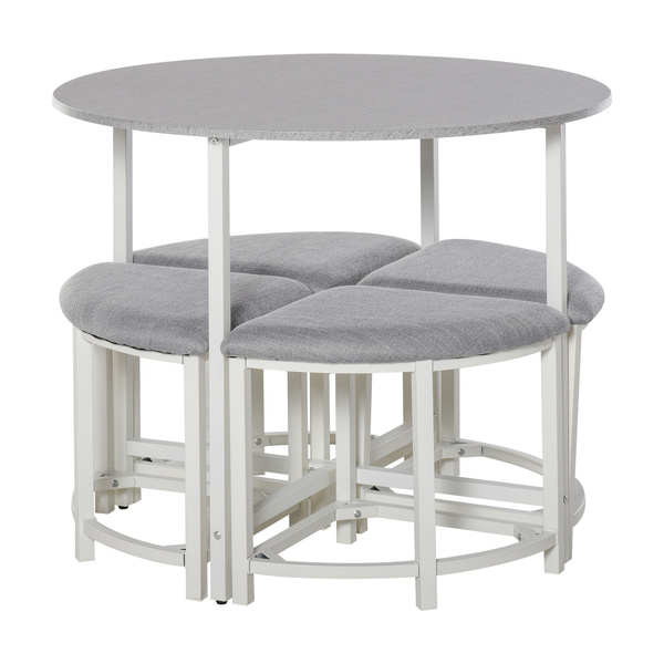 HOMCOM Modern Round Dining Table Set with 4 Upholstered Stools for Dining Room, Kitchen, Grey