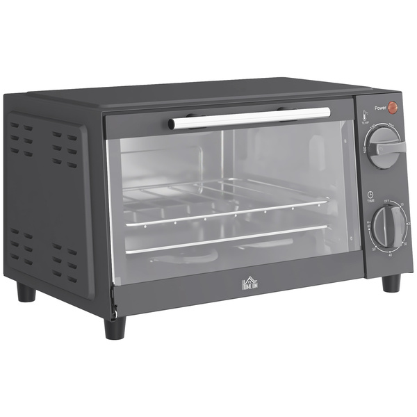 HOMCOM Mini Oven, 9L Countertop Electric Grill, Toaster Oven with Adjustable Temperature, Timer, Dishwasher Safe Baking Tray and Wire Rack, 750W, Grey