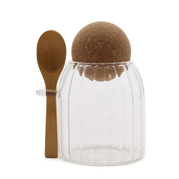 Sm Cottage Bamboo Glass Jar - Ribbed & Spoon 10cm