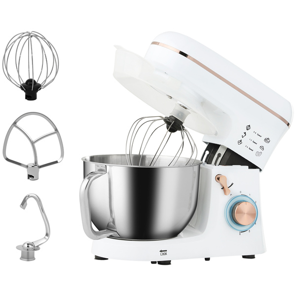 HOMCOM Stand Mixer, 5L Food Mixer for Baking, 6 Speeds and Pulse Setting, 1400W Cake Electric Kitchen Mixer with Dough Hook, Whisk, Stainless Steel Bowl, Splash Guard, Beater, White