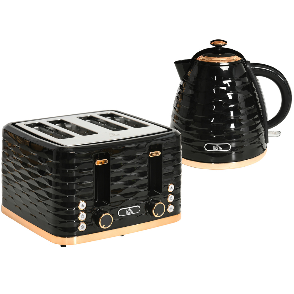 HOMCOM Kettle and Toaster Sets, 3000W 1.7L Rapid Boil Kettle & 4 Slice Toaster with 7 Browning Controls, Defrost, Reheat and Crumb Tray, UK Otter thermostat, Black