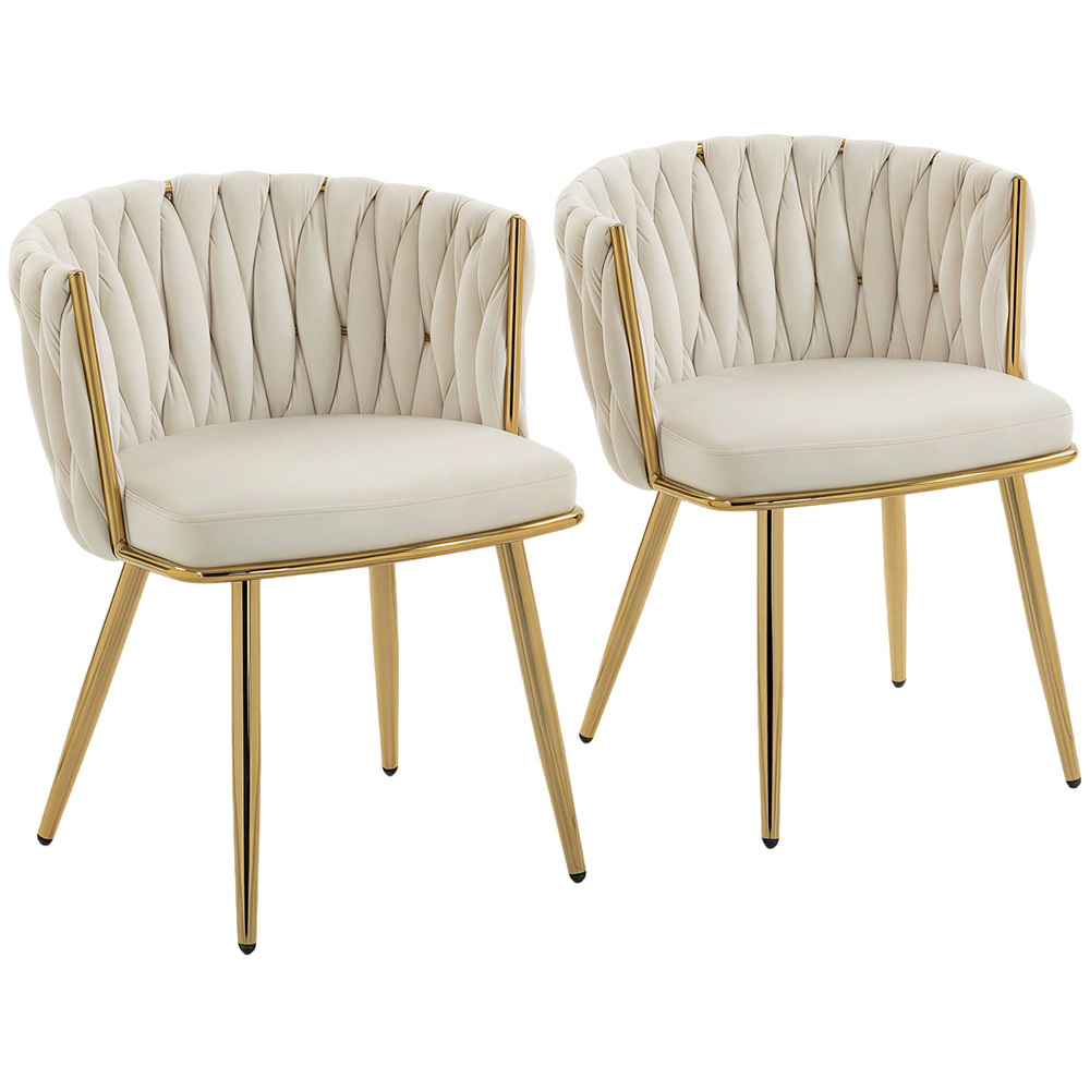 HOMCOM Velvet-Feel Dining Chairs Set of 2, Modern Upholstered Kitchen Chairs with Woven Backrest and Armrests, Metal Legs and Padded Seat for Dining Room, Bedroom, Living Room, Cream