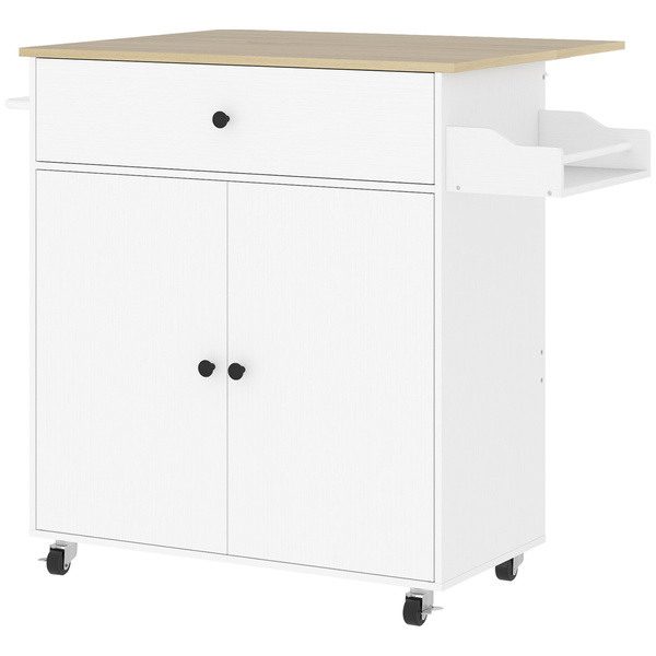 HOMCOM Rolling Kitchen Island with Drop Leaf, Kitchen Storage Cart with Drawer, Spice Rack and Towel Rack, White