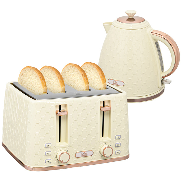 HOMCOM Kettle and Toaster Set, 1.7L 3000W Fast Boil Jug Kettle, 4 Slice Toaster with 7 Level Browning Controls, Beige