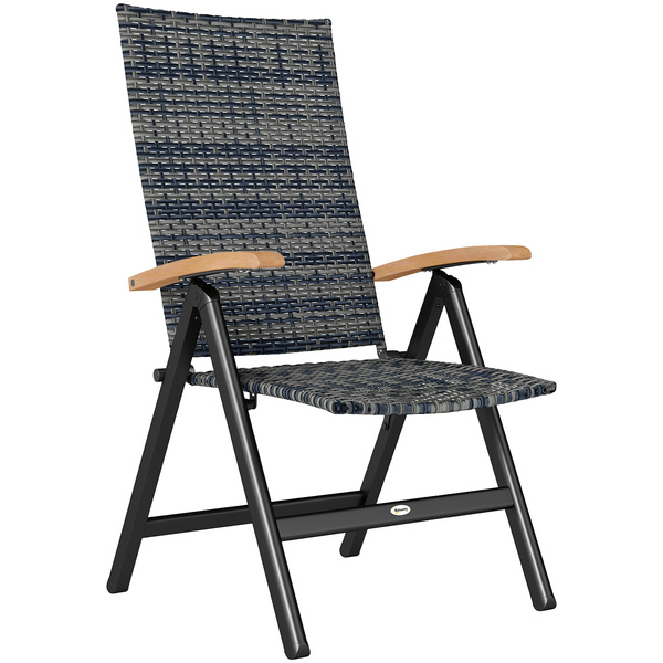 Outsunny Folding Rattan Garden Dining Chair with 5-level Reclining High Back, Wood Armrests for Outdoor, Patio - Mixed-grey