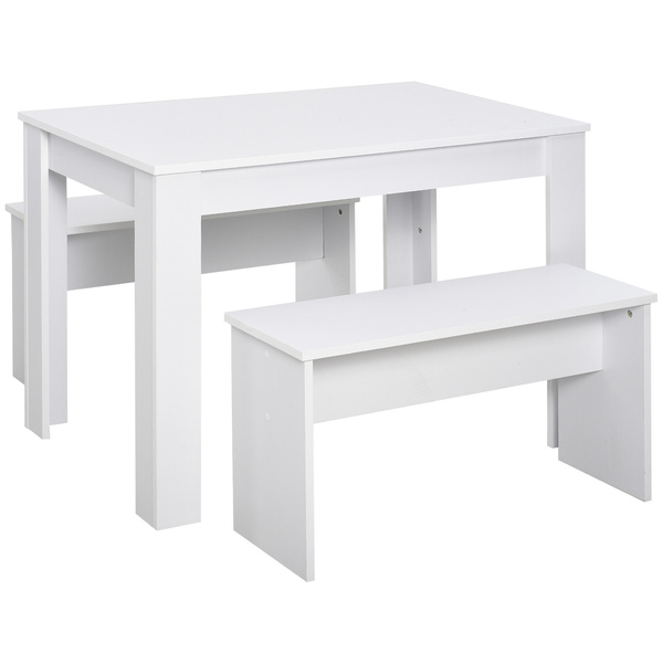 HOMCOM Kitchen Dining Table and 2 Benches Set, Table and Chairs Set for Limited Space, White