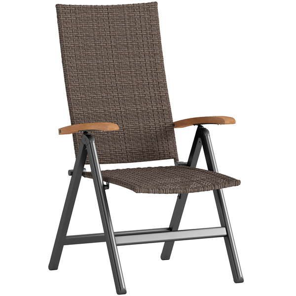 Outsunny Folding Rattan Garden Dining Chair with 5-level Reclining High Back, Wood Armrests for Outdoor, Patio - Brown