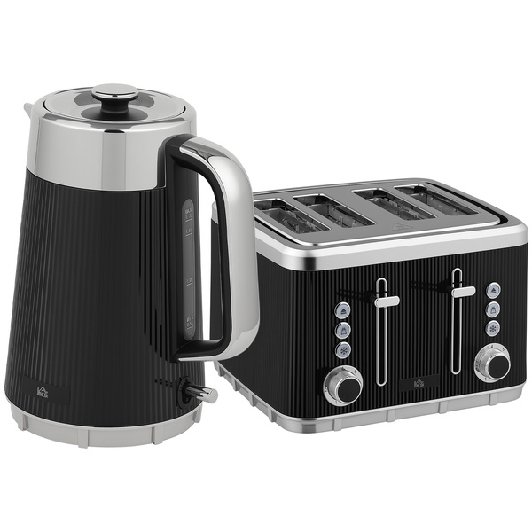 HOMCOM Electric Stainless Steel Kettle and Toaster Set, 3000W 1.7L UK Strix Thermostat Fast Boil Kettle w/ Limescale Filter, Cool Touch Body, 4 Slice Toaster with 7 Browning Levels, Crumb Tray, Black