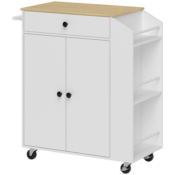 HOMCOM Rolling Kitchen Island with 3-Tier Spice Rack, Kitchen Storage Cart with Drawer and Towel Rack, White