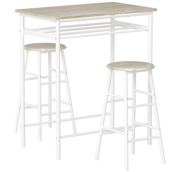 HOMCOM Bar Table Set, Bar Table and Stools Set, Footrest and Storage Shelf, for Kitchen, Dining Room, Pub, Cafe, White and Oak