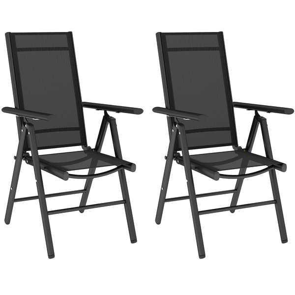 Outsunny Set of 2 Folding Garden Chairs, Aluminium Frame Outdoor Dining Chairs with Breathable Mesh Back and Seat, Garden Folding Chair Set with Armrests for Balcony, Black