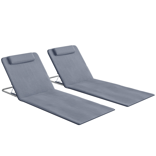 Outsunny Set of 2 Foldable Garden Beach Chair Mat Lightweight Outdoor Sun Lounger Seats Adjustable Back Metal Frame PE Fabric Head Pillow w/ Carry Bag,Grey