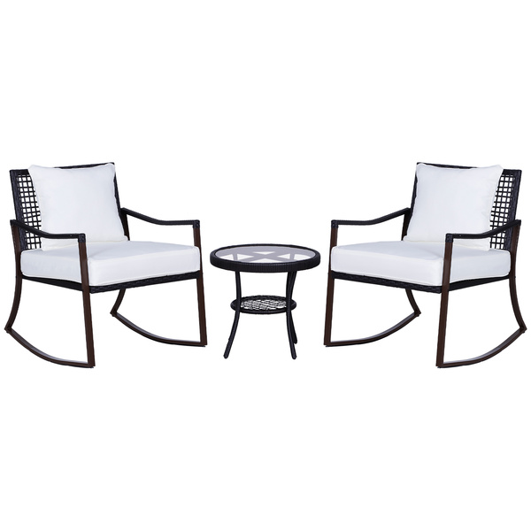 Outsunny Rattan Bistro Set, 3 Pieces Wicker Garden Furniture Set with Rocking Chairs and Round Glass Top Coffee Table, Small Balcony Furniture with Cushions for Outdoor, Porch, Brown