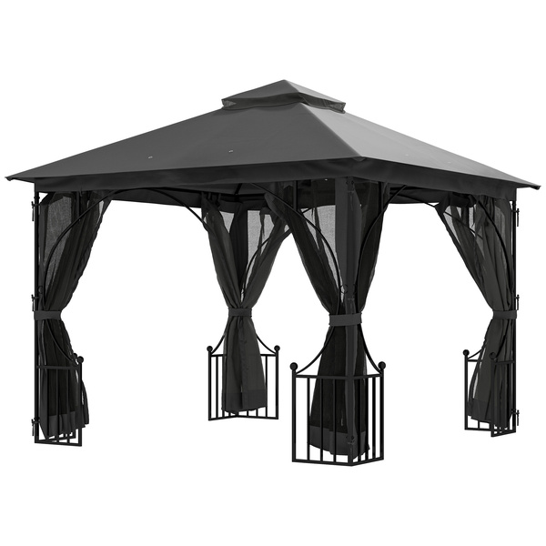 Outsunny 3 x 3m Garden Gazebo Patio Party Tent Shelter Outdoor Canopy Double Tier Sun Shade with Metal Frame and Netting, Dark Grey