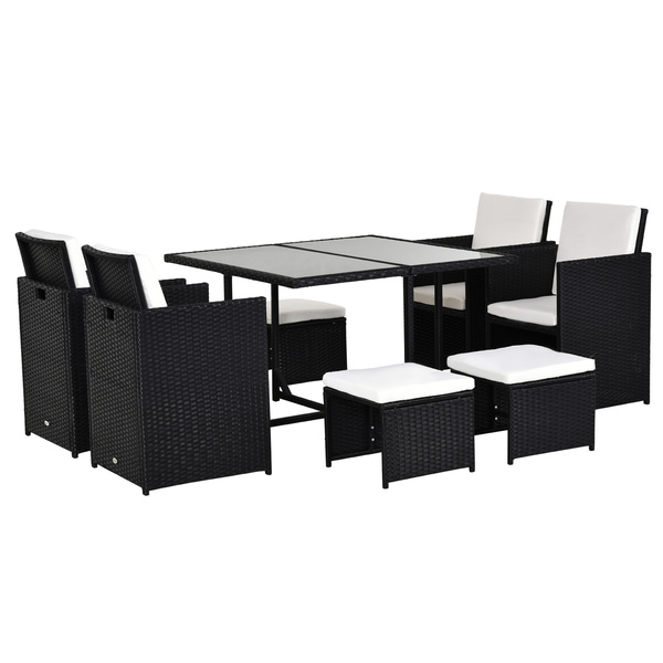 Outsunny 9 Piece Rattan Cube Garden Furniture Dining Set with Armchairs, Footstools and Glass-Top Table, Black