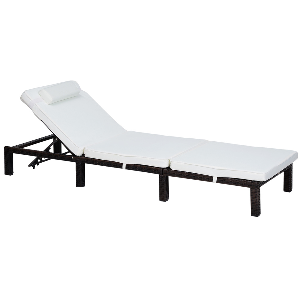 Outsunny Rattan Sun Lounger, 5-Level Adjustable Garden Lounger Recliner with Cushion and Headrest, Outdoor Reclining Sunbed, Steel Frame Garden Chair for Patio, Beach, Terrace, Cream White