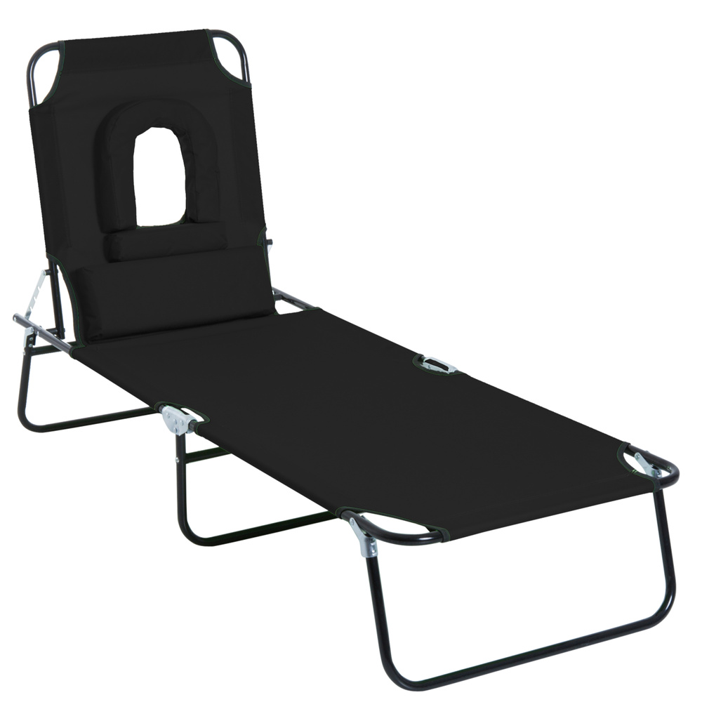 Outsunny Outdoor Folding Sun Lounger with Face Hole, 4 Level Adjustable Backrest Reclining Garden Lounger, Garden Recliner Sunbed with 600 D Oxford Cloth Seat and Pillow for Beach, Black