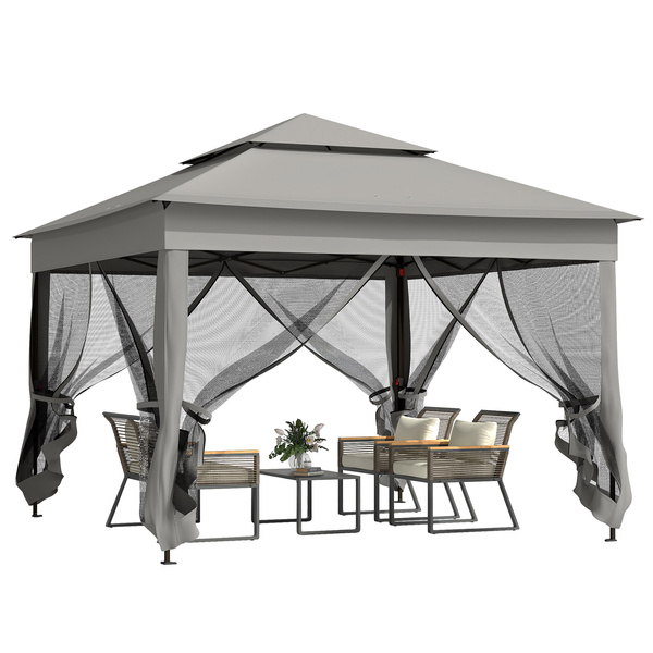Outsunny 3 x 3(m) Pop Up Gazebo, Double-roof Garden Tent with Netting and Carry Bag, Party Event Shelter for Outdoor Patio, Dark Grey
