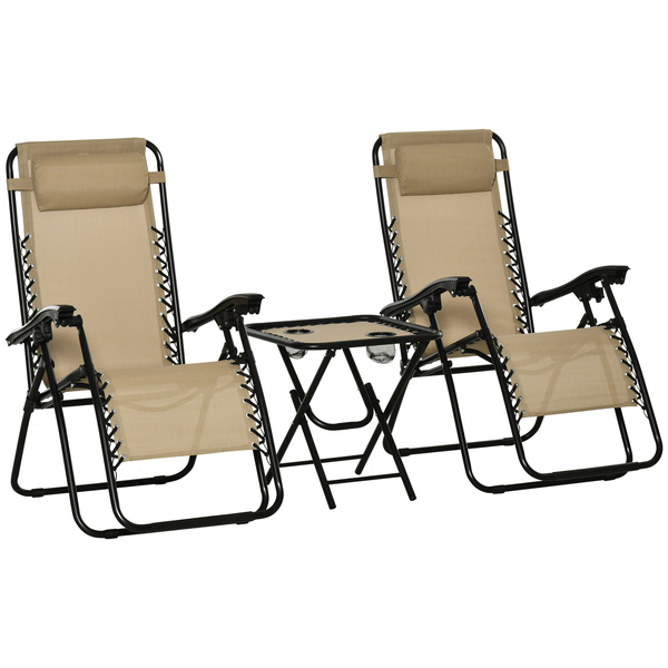 Outsunny Folding Zero Gravity Chairs, 3 Pieces Adjustable Sun Lounger and Table Set with Cup Holder and Headrest, Patio Bistro Set with Reclining Garden Chairs for Outdoor, Beige