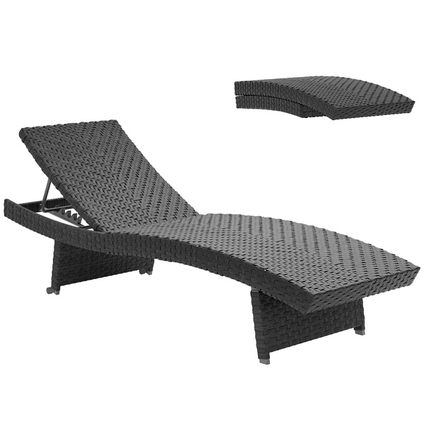 Outsunny Outdoor PE Rattan Sun Lounger, Folding Wicker Garden Lounger Recliner with 4-Level Adjustable Backrest, Rolling Sunbed Lounge Chair with Wheels, Non-Slip Legs for Balcony, Beach, Black