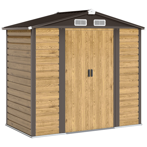 Outsunny 7 x 4ft Garden Shed, Easy to Assemble, Upgraded Galvanised Steel Frame with Foundation Kit, Double Doors with Lock, Outdoor Metal Shed with Vents and Gloves, Garden Storage Shed, Natural