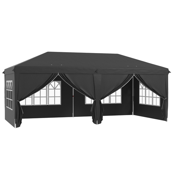 Outsunny 3 x 6 m Pop Up Gazebo with Sides and Windows, Height Adjustable Wedding Camping Party Tent Canopy Marquee with Storage Bag for Garden, Event, Black