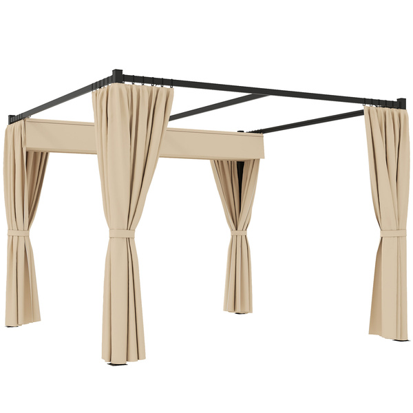 Outsunny 3 x 3(m) Retractable Pergola, Garden Gazebo Shelter with Curtains, for Grill, Patio, Deck, Beige
