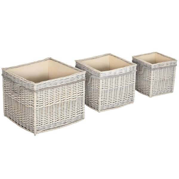 Outsunny Set of 3 Log Baskets for Wood Burner Indoor, Storage Basket with Lining and Rope Handles, Wicker Basket for Fireside Storage, Blankets, Beige