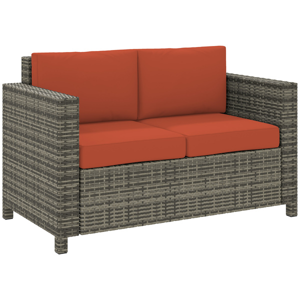 Outsunny Rattan Sofa, 2 Seater Garden Furniture with Soft Padded Cushion and Armrests, Wicker Garden Loveseat for Patio, Grey