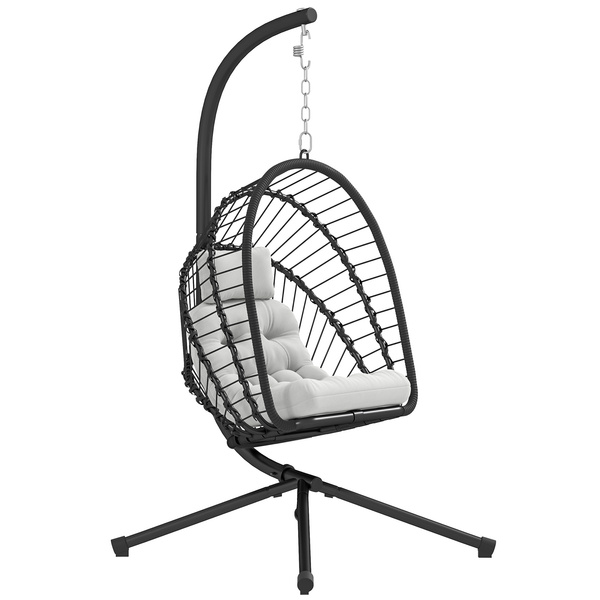 Outsunny Outdoor PE Rattan Swing Chair with Foldable Basket and Cushion, Garden Patio Hanging Egg Chair with Metal Stand, Headrest for Indoor and Outdoor, Black