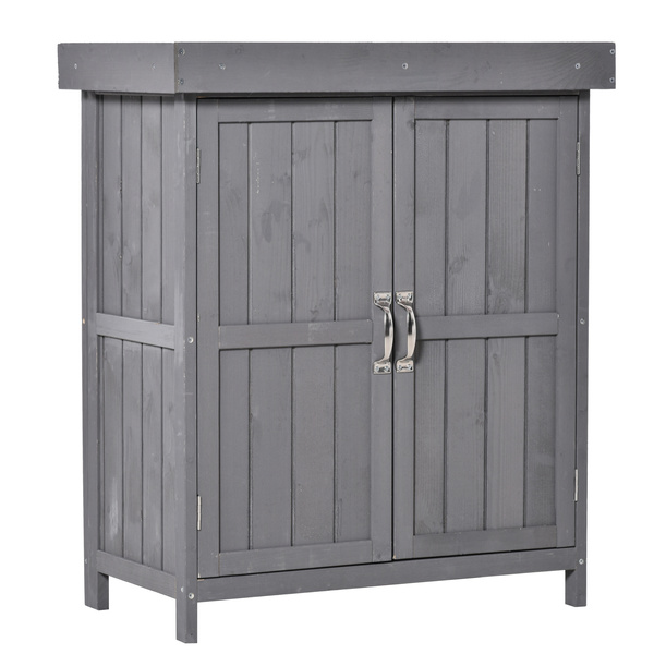 Outsunny Small Shed, Wooden Garden Shed with Openable Hinged Roof and Removable Shelf, Outdoor Tool Storage Cabinet Chest with Double Doors, 74 x 43 x 88 cm, Grey